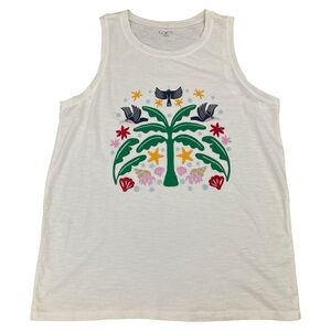LOFT White Tank Top with Colorful Beach Design Size Large